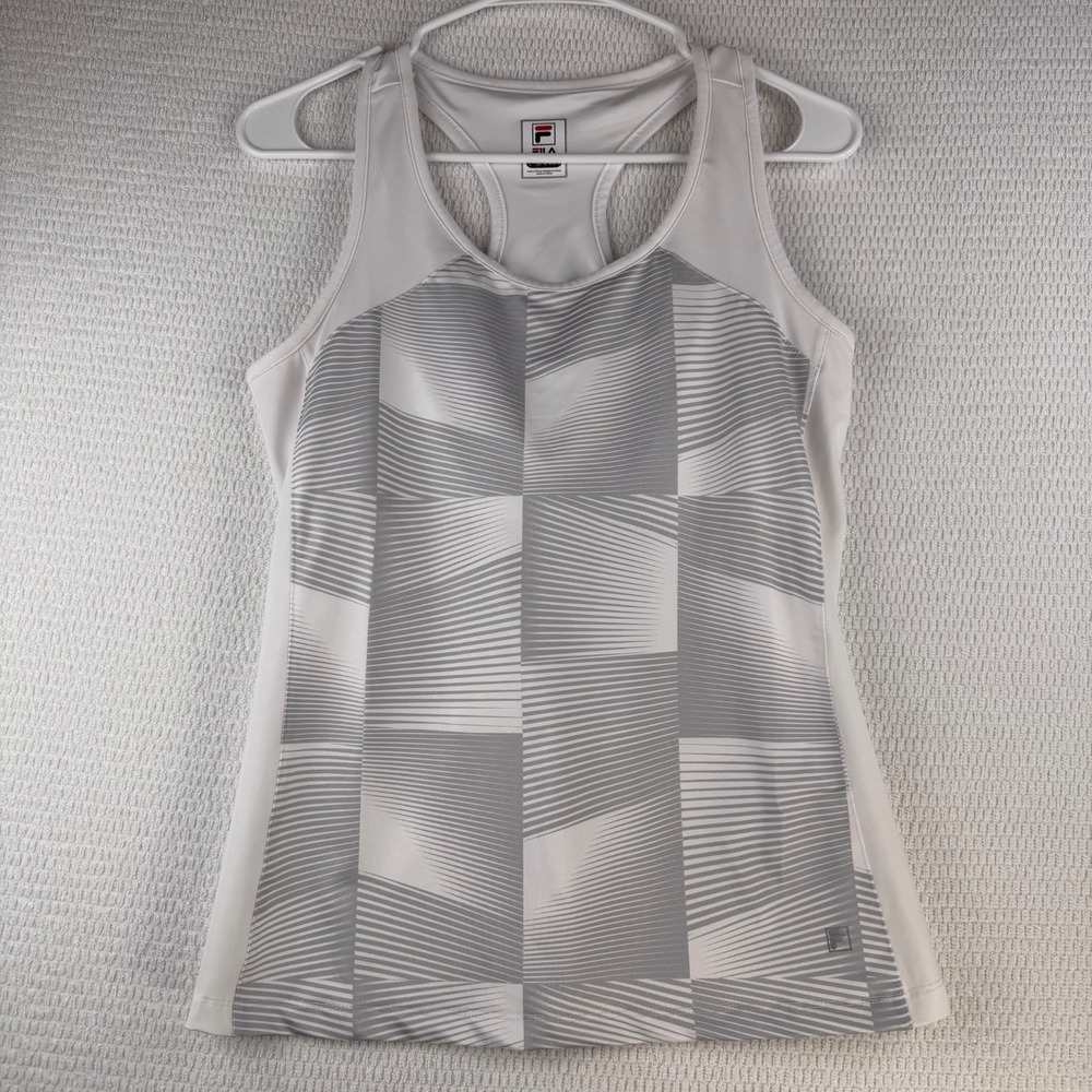 FILA Womens Tank Top L White Gray Geometric Racerback Built In Shelf Bra